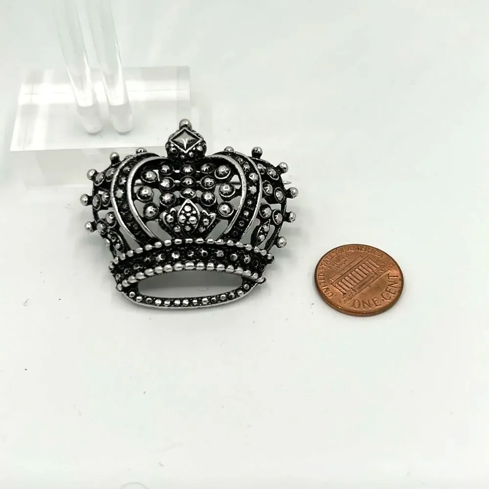 Vintage Signed KJL Silver Crown Brooch Pin